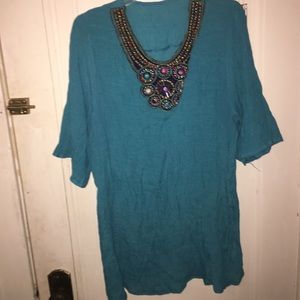 Bright blue short sleeves w/ beaded neckline NWOT